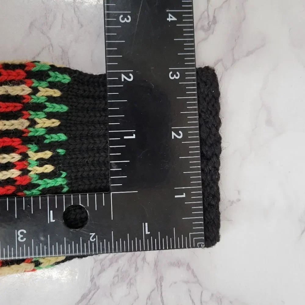 Vintage Handknit Gloves Black with Green Red Cream Nordic Fair Isle Designs
